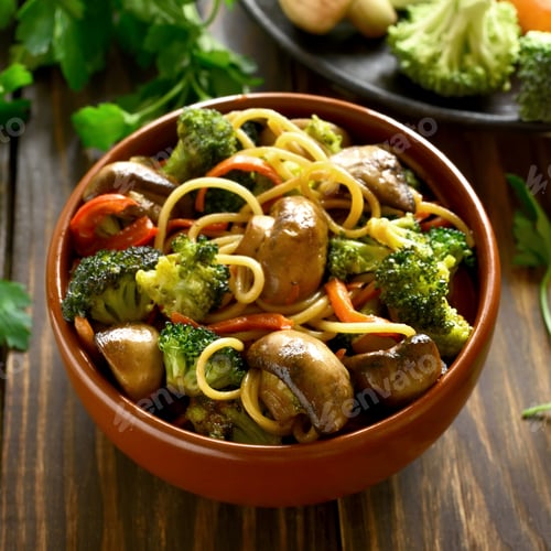 Vista previa: Tallarines de huevo con verduras en un bol