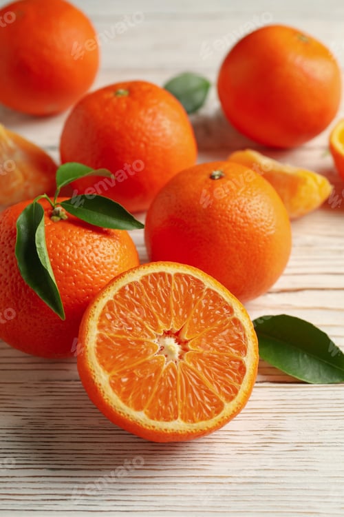 Preview: Ripe sweet mandarins on white wooden background, top view