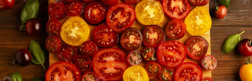 Preview: banner Yellow small whole and sliced tomatoes on a wooden board