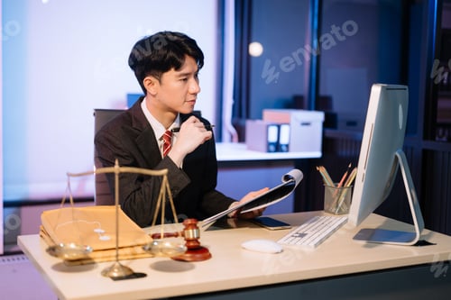 Preview: Business professional in suit discussing legal documents over phone, showcasing a formal office