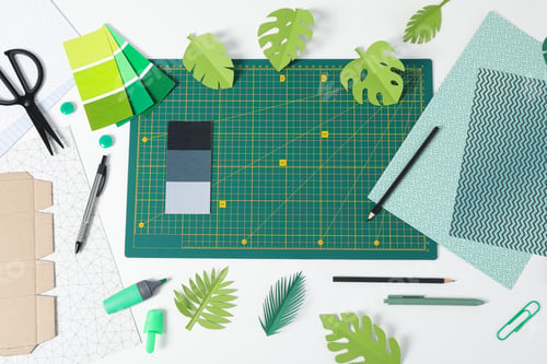 Preview: Patchwork accessories concept on white background, cutting mat
