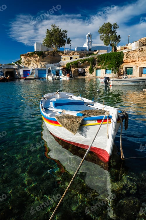 Preview: Fishing boats in harbour in fishing village of Mandrakia, Milos island, Greece