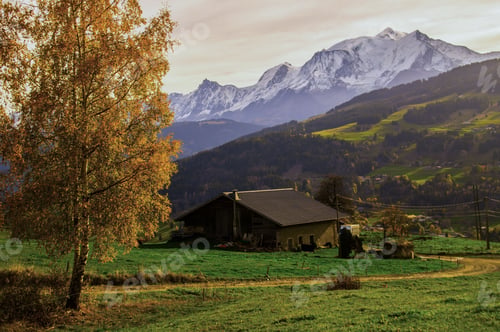 Preview: Single-story rural house situated on a lush green hill overlooking a majestic mountain range