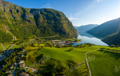 Preview: Aurlandsfjord Town Of Flam at dawn.