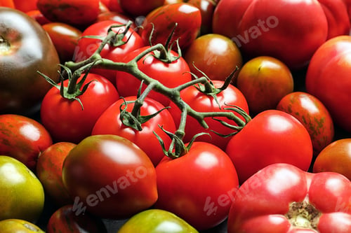 Preview: Pile of tasty juicy tomatoes as background, closeup
