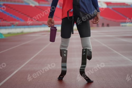 Preview: Rear view of runner with artificial leg on sports track at the stadium.