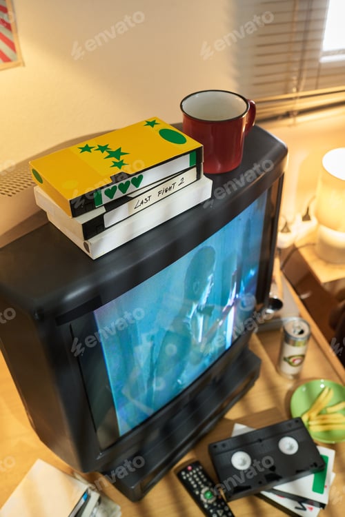 Preview: Stacked VHS Tapes on Vintage CRT Television Set