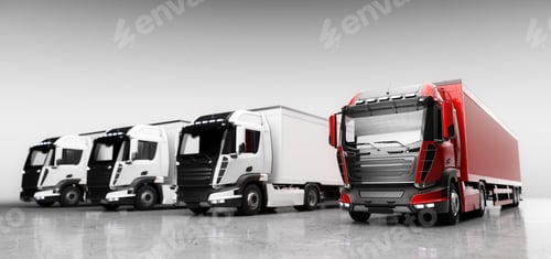 Preview: Fleet of trucks with cargo trailers. Transport, shipping industry.