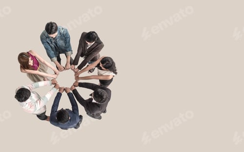 Preview: Top view of teen people in team fist bump assemble together.