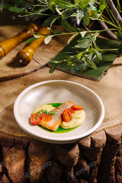 Preview: Fresh salmon dish served on a wooden table with olives and herbs