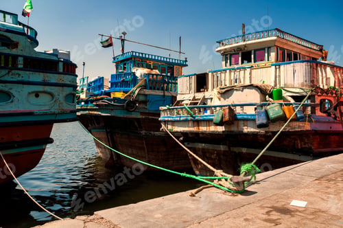 Preview: Traditional wooden dhows boats in Dubai creek district