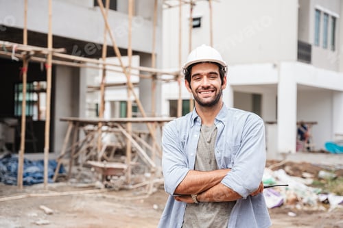 Preview: The engineer manager stands on the building site., Conceptual construction portrait.