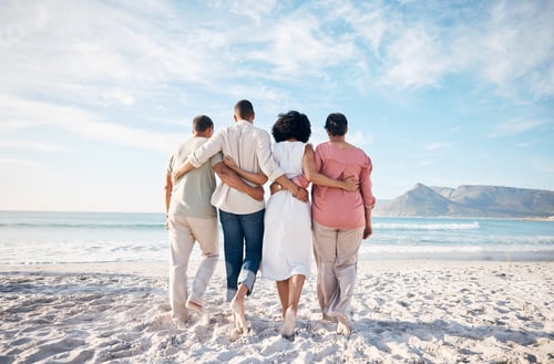 Preview: Back, hug and family at the beach for vacation, travel or relax by the ocean on holiday. Together,