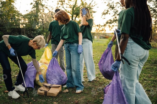 Preview: Group of people volunteers collecting rubbish in park