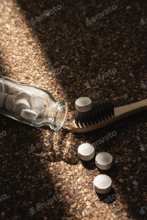 Preview: Bamboo Toothbrush and Toothpaste Tablets on Cork Surface