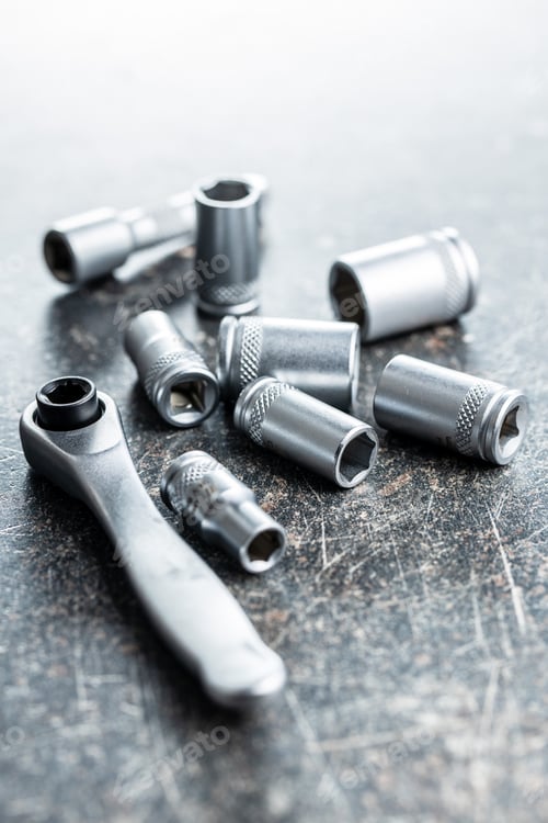 Preview: Mini ratchet wrench with set of wrench nuts. Ratchet wrench made from stainless steel.