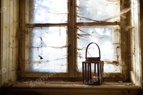 Preview: Spooky window with lantern and spider web.