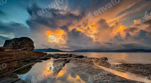 Preview: Beautiful shot of Tung Ping Chau in Hong Kong under the yellow and dark blue sky