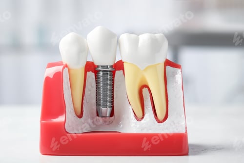 Preview: Educational model of gum with dental implant between teeth on white table indoors