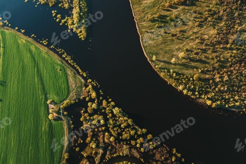 Preview: Aerial Flat View Green Meadow, Woods And River Landscape In Sunny Spring Summer Day. Top View Of
