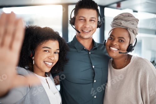 Preview: Portrait of a diverse group of happy smiling call centre telemarketing agents taking selfies togeth