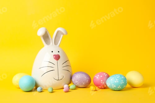 Preview: Bunny and Easter eggs on yellow background, space for text