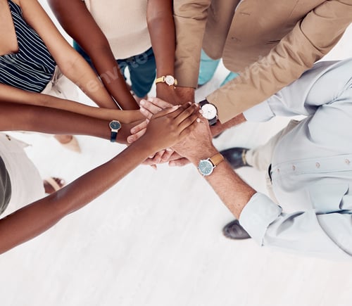 Preview: Teamwork, support and stack of hands of business people for community, trust and collaboration in o