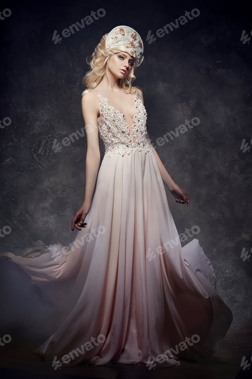 Preview: Tiara crown on head blonde girl. Woman in fairy dress, mysterious magical fairy.