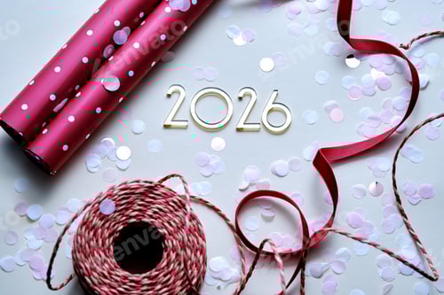 Visualização: Fundo abstrato dos atributos do Natal com o ano número 2026.