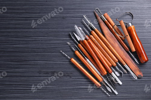 Preview: Set of clay crafting tools on black table, flat lay. Space for text
