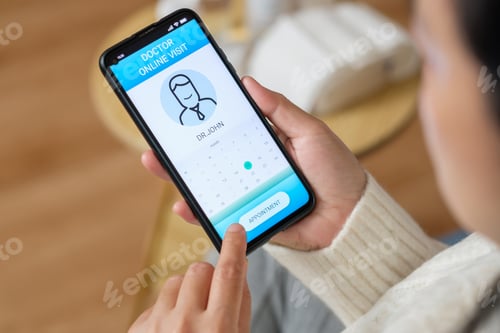 Preview: appointment consulting doctor visit on mobile app at home.telemedicine