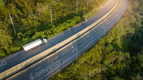 Preview: Container Truck with Cargo Trailer Drives on High way the Road aroud mountain forest. Green