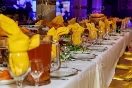 Preview: Beautiful served table for wedding or other celebration in restaurant table decorated for