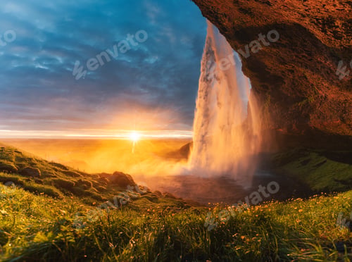 Preview: Seljalandsfoss waterfall flowing and midnight sunset shining on flower garden in summer at Iceland