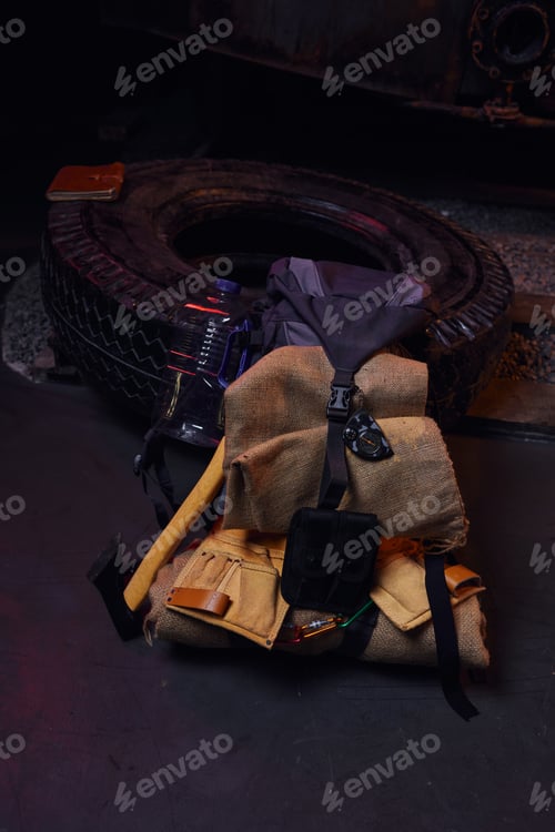 Preview: backpack with blanket near tire, axe and water bottle in abandoned subway, post-apocalyptic survival