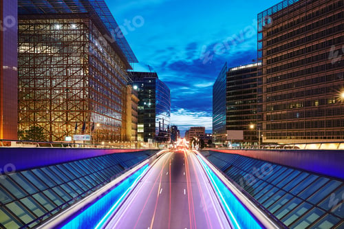 Preview: Long exposure shot of a central street at blue hour