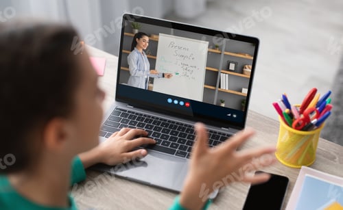 Preview: Cropped teenage girl student studies remotely, watching lesson with millennial teacher at home