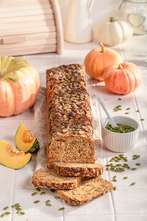 Preview: Hot pumpkin bread freshly baked in home bakery.