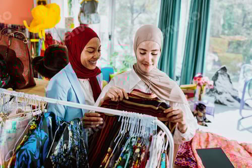Preview: Modern diverse muslim women shopping clothing on digital tablet