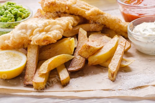 Preview: Traditional British street food fish and chips with ketchup and