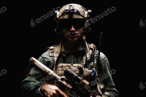 Preview: Special forces soldier with rifle on black background