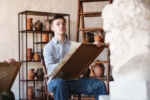 Preview: Young white student drawing plaster bust during class in art school