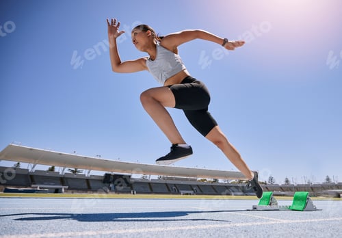 Preview: Woman runner, running and training on track, workout and exercise for race, marathon and sport in s