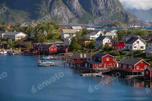Preview: Amazing landscape town of Reine of the Lofoten Islands with blue sky , county of Nordland, Norway.
