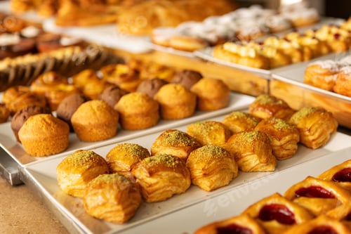 Preview: Close-up variety of freshly baked pastries, muffins and sweet rolls displayed on buffet table