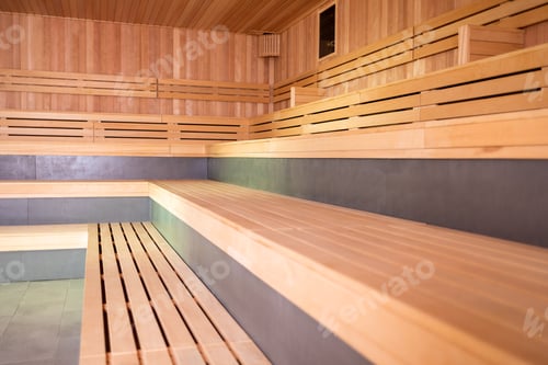 Preview: Empty interior of huge sauna in classic wooden finish
