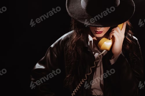 Preview: Dark noir portrait of a female detective holding a retro telephone receiver. Private detective, spy.