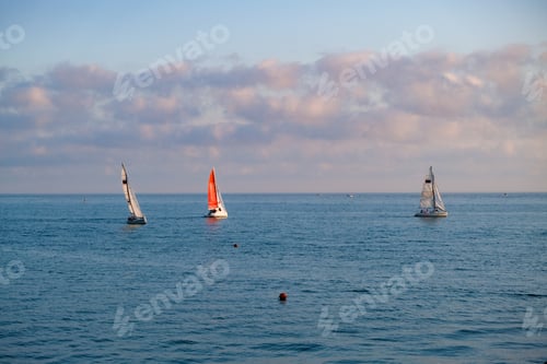 Preview: Sailboats at sea at sunset. Pink clouds in the background
