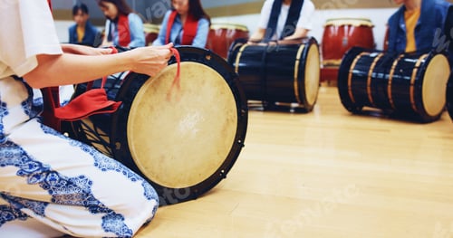 Preview: Japanese drums, teacher or hands of people in class for music on instrument for stage creativity or