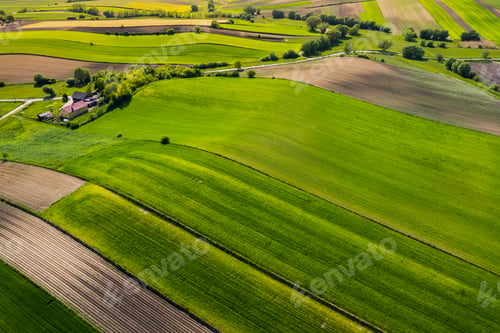 Preview: Green Countryside Landscape at Spring. Drone Aerial View. Poland Farmlands